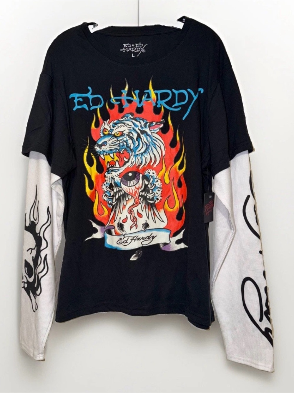 Ed Hardy Black/White Long Sleeve Crew Neck Graphic Tiger Logo T-Shirt Men's L